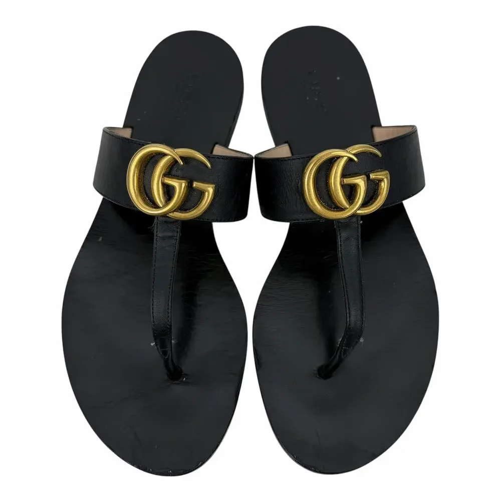 Gucci Black Leather Thong Sandal Gold Double G Logo Size 37